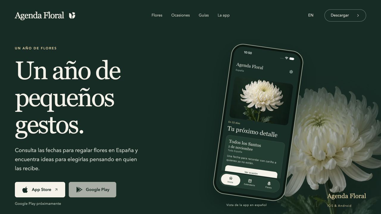 Portada de Agenda Floral con su aplicación y una flor blanca