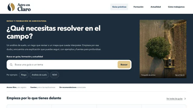 Portada real de Agro En Claro con buscador agrícola, acceso a guías y fotografía de cosecha