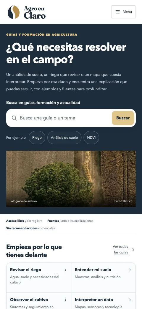 Versión móvil de Agro En Claro con búsqueda, accesos temáticos y contenido editorial
