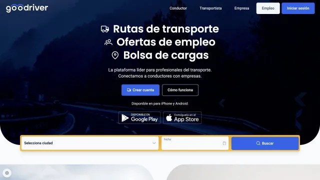 Portada de Goodriver con rutas de transporte, ofertas de empleo y bolsa de cargas