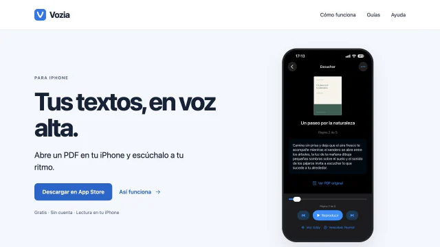 Portada de la web de Vozia con su lector de PDF para iPhone y el enlace a App Store