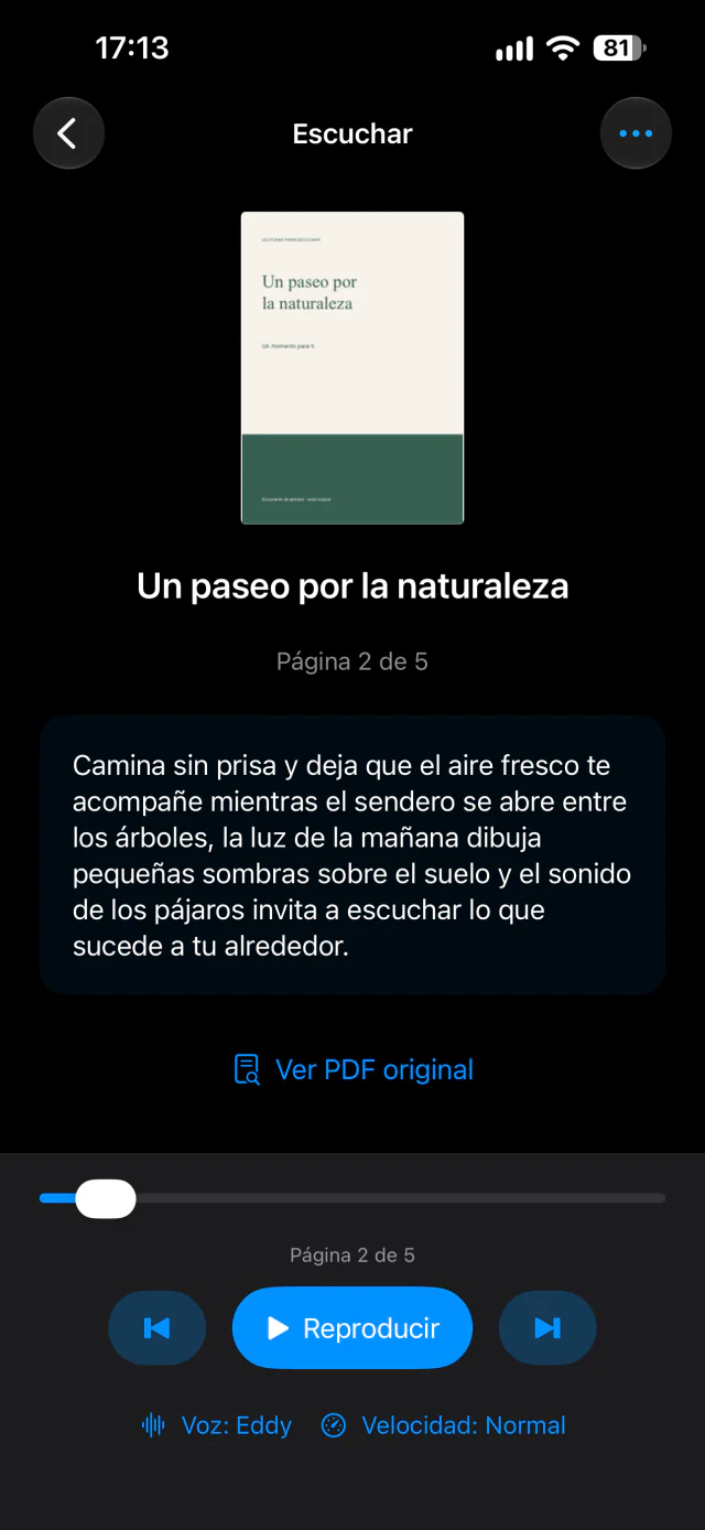 Reproductor real de Vozia con el PDF de ejemplo Un paseo por la naturaleza, progreso y controles de voz